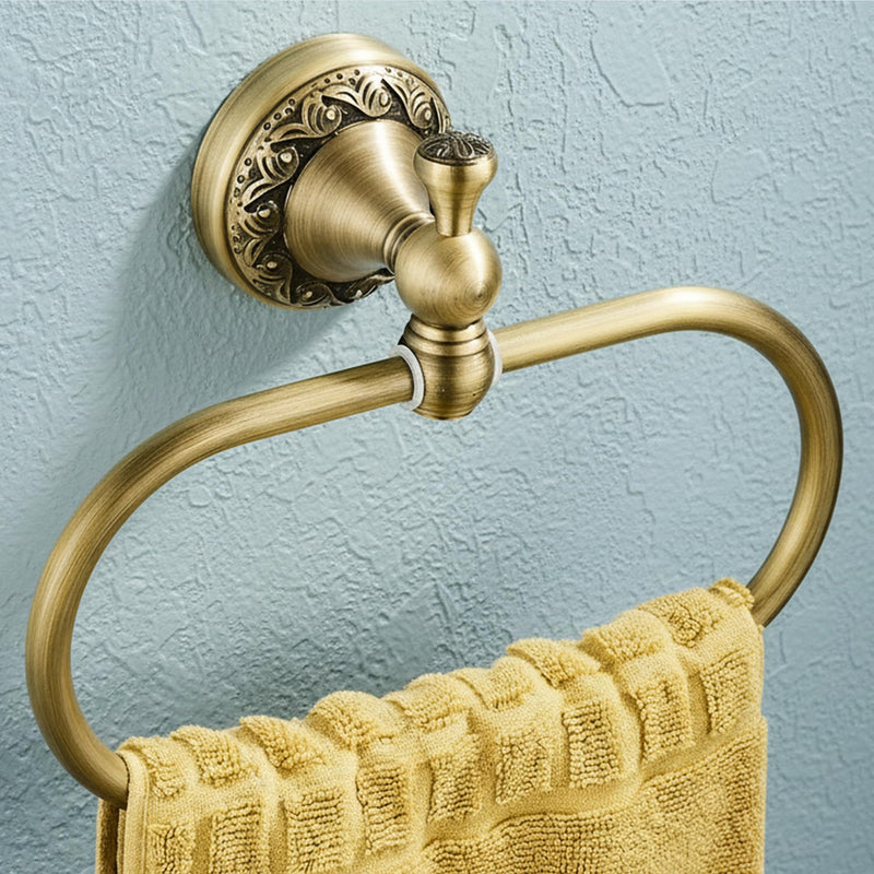 Flybath Oval Towel Ring Antique Brass Exquisite Pattern Carving Hanger Hand Towel Holder for Bathroom Kitchen Accessories Wall Mounted, Brushed Bronze Brushed Bronze (Antique Brass)