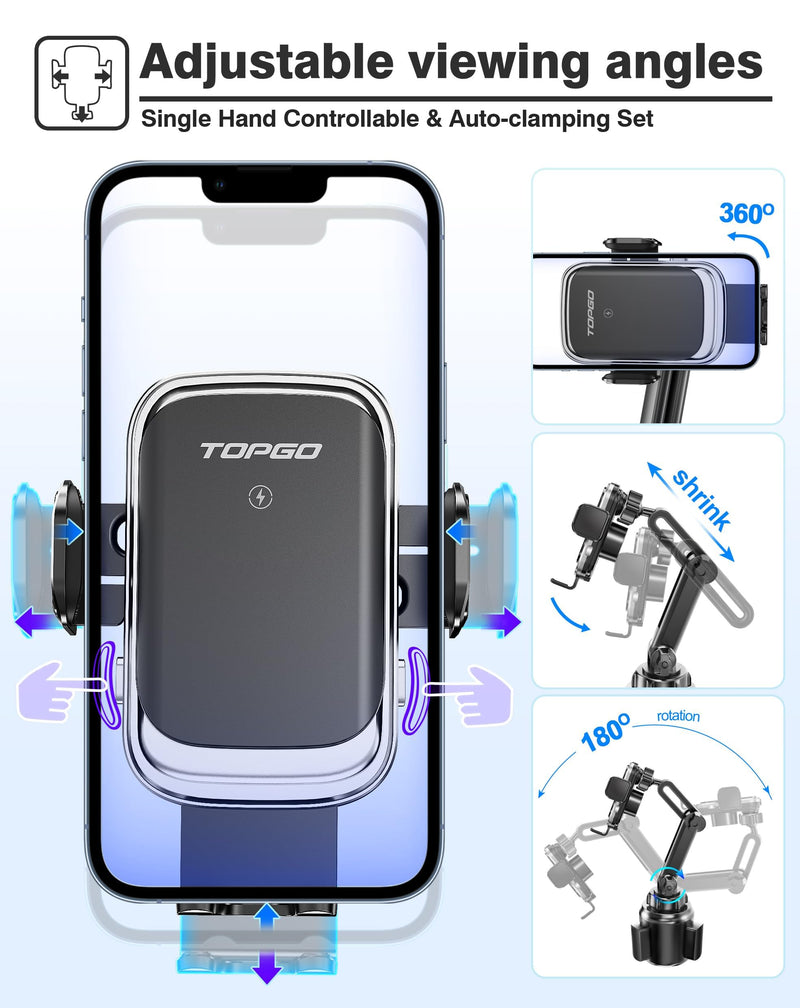 [Upgraded] TOPGO Cup Phone Mount Wireless Charger,Universal Cell Phone Holder Car Charger Wireless-Charger-Cup-Phone-Holder Fast Charging for iPhone16/16 Pro/16 Pro Max, Samsung Galaxy - Black | Upgraded, Universal Cell Phone Holder, Fast Charging, iPh...