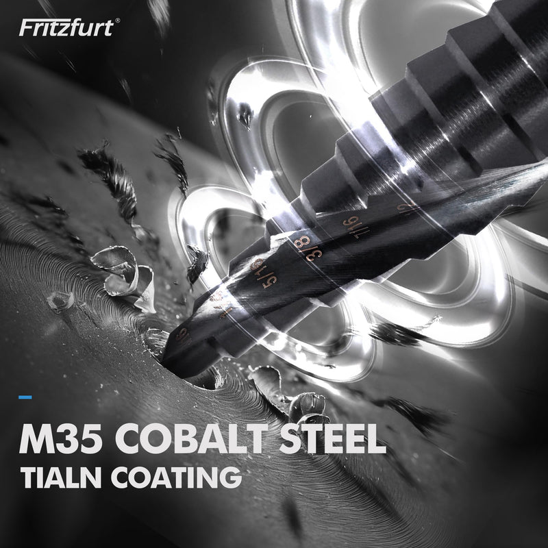 3-Piece M35 Cobalt Step Drill Bit Set — CBN Ground, AlTiN Coated, 1/4" Hex Shank | 6, 10 & 13 Steps | 1/8"–3/4" | Sheet Metal, Stainless Steel, Electrician
