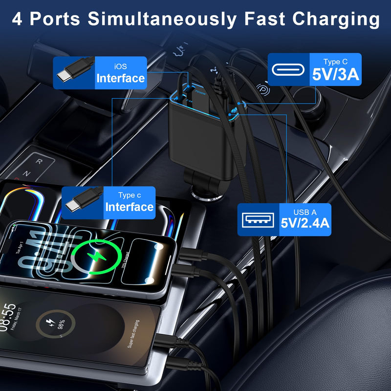 Retractable Car Charger with Starlight for Samsung Galaxy S26 Ultra/A17/A16 | 47W Starlight in Car Roof 4 in 1 Super Fast USB C & USB A Car Phone Charger Adapter for iPhone 17e/16e/17/16/15/14/13 Pro Max black