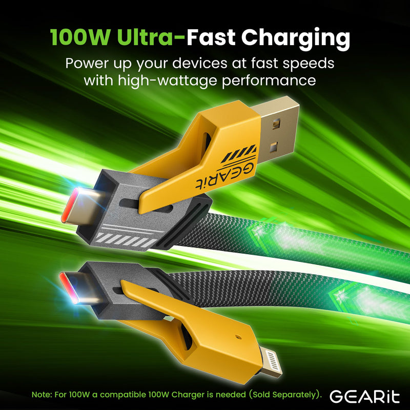 GEARit 100W 4 in 1 Charging Cable, USB C Multi Charging Cable with USB-A & Lightning Compatible Tips, Fast Charge Multi Charger Cable for Multiple Devices, iPhone, MacBook, 3.3FT Black 3.3FT/1.2M 4 IN 1-100W