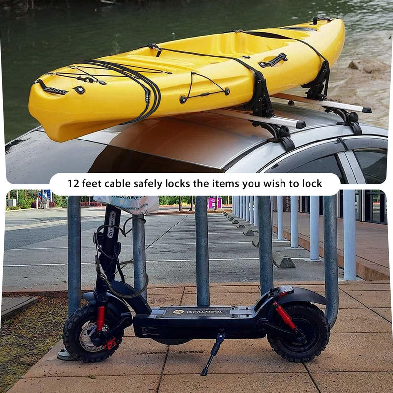 12ft Long Straight Cable Lock with Resettable Combination, Weatherproof Security Kayak Lock, Unique Thin Cable Combination Lock for Kayaks, Paddle Boards, Dock, Bike, Scooters, Canoe and Outdoor Gear