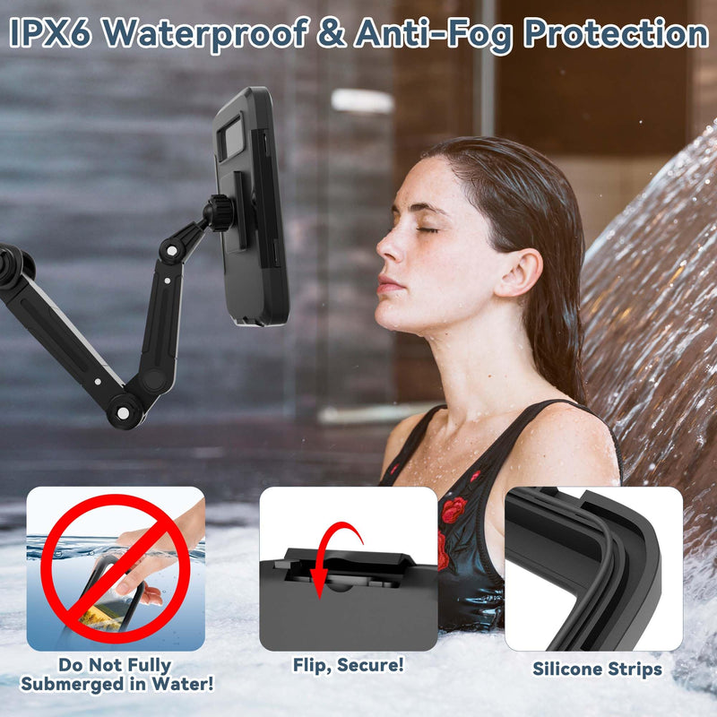 Shower Phone Holder Waterproof, Fits Phone with Case up to 6.7" | 360° Rotation & Multi-Angle Adjustable Arm Twist-Lock Suction Phone Holder Shower,Anti-Fog & Sensitive Touch Screen Case Black