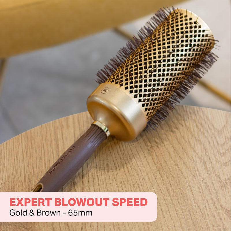 Olivia Garden Expert Blowout Speed – Ceramic Coated Round Brush with Extra Long Barrel for 25% Faster Blowouts Gold & Brown 65