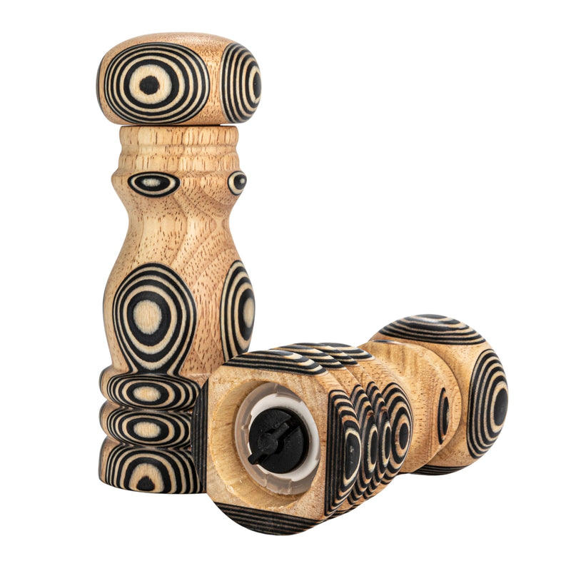 Bloomingville Wood Salt and Pepper Mills with Inlaid Circles Design, Natural and Black, Set of 2