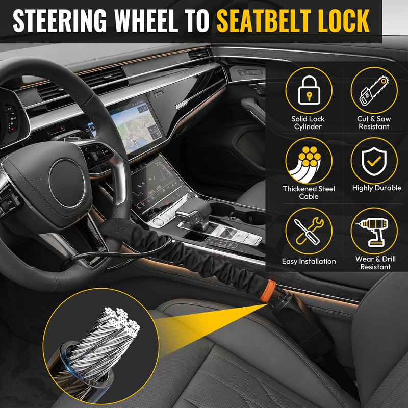 Car Steering Wheel Lock,17" Car Security Anti-Theft,Thickened Steel Wire | Lightweight Seat Belt Lock,Easy to Store,Universal Anti-Theft Device for Car, SUV & Golf Cart,3 Keys Included(Black) Black 1