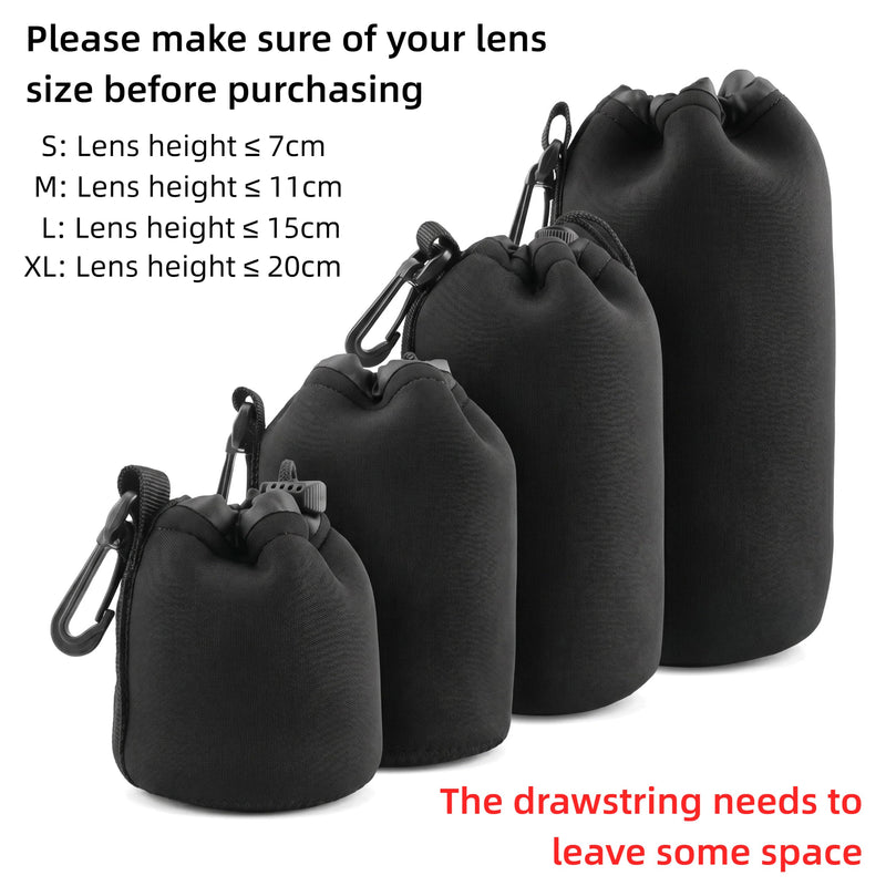 Camera Lens Bag, 4 Pack Protective Neoprene Lens Pouch with Drawstring & Carabiner, Lens Case for DSLR Camera Lens(S/M/L/XL) (XL 4pcs) XL 4pcs