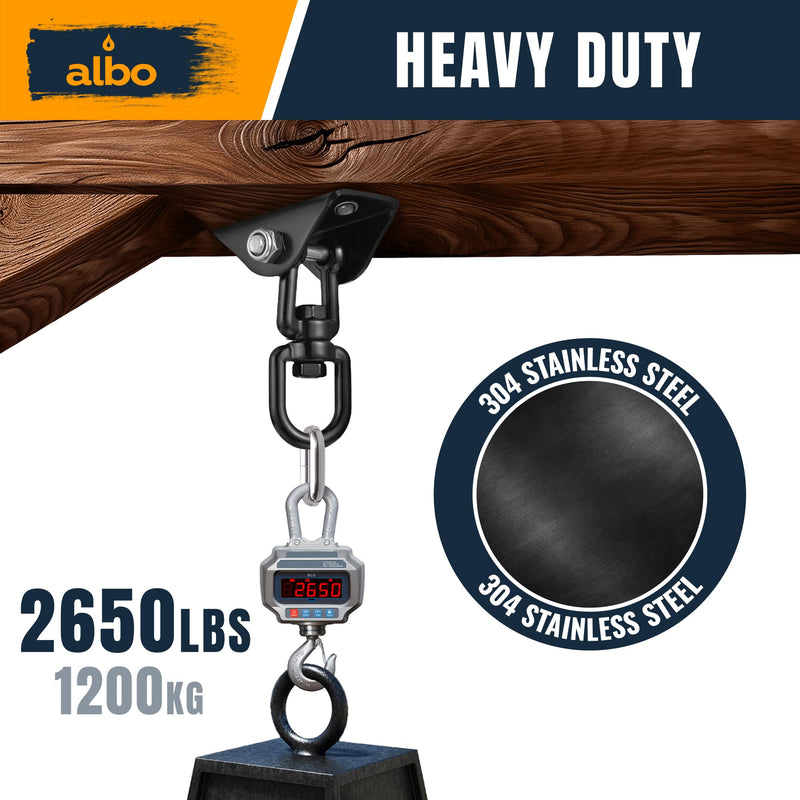 Albo Heavy Duty Swing Hangers 2 Pack, 2650 LBS, 360° Swivel Ceiling Mount Bracket with Carabiners – Hammock Chair, Porch Swing, TRX, Punching Bag, Hardware for Wood & Concrete Black 2 PCS