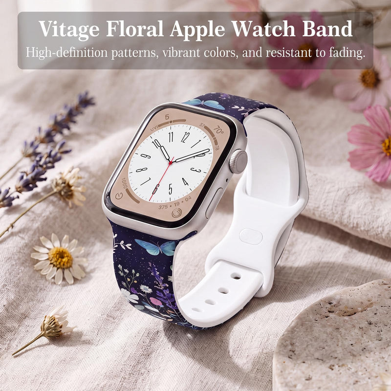 Floral Print Band Compatible with Apple Watch Bands for Women 40mm 42mm 41mm 38mm 44mm 45mm 46mm 49mm, Cute Pattern Flower Soft Silicone Sport Strap for iWatch Series Ultra 11 10 SE 9 8 7 6 5 4 3 2 1 C-Starry Garden 38mm/40mm/41mm/42mm [series 11 10]
