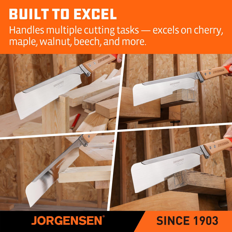 JORGENSEN Japanese Pull Saw, 9.5 Inch Pro Folding Dovetail Saw with Beech Wood Long handle, SK5 Steel Blade Tool-less Quick Change, 21TPI Cross Cut Woodworking Handsaw for Hardwood, Softwood