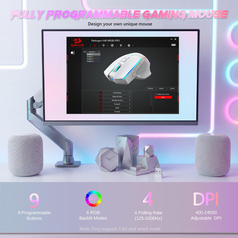 Redragon Wireless Gaming Mouse, Tri-Mode 2.4G/Bluetooth/USB-C, 7 Programmable Buttons, Tactile Rapid Fire Key, 24000 DPI RGB Ergonomic Mouse for PC Windows Gaming & Work, M814W White