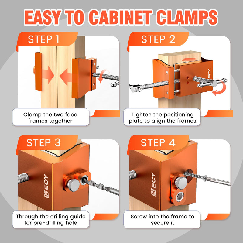 ECY Cabinet Clamps 2 Pack - Cabinet Face Frame Alignment Tool，Anodized Aluminum Alloy, Professional Installation Clamps for Woodworking & DIY Projects Orange