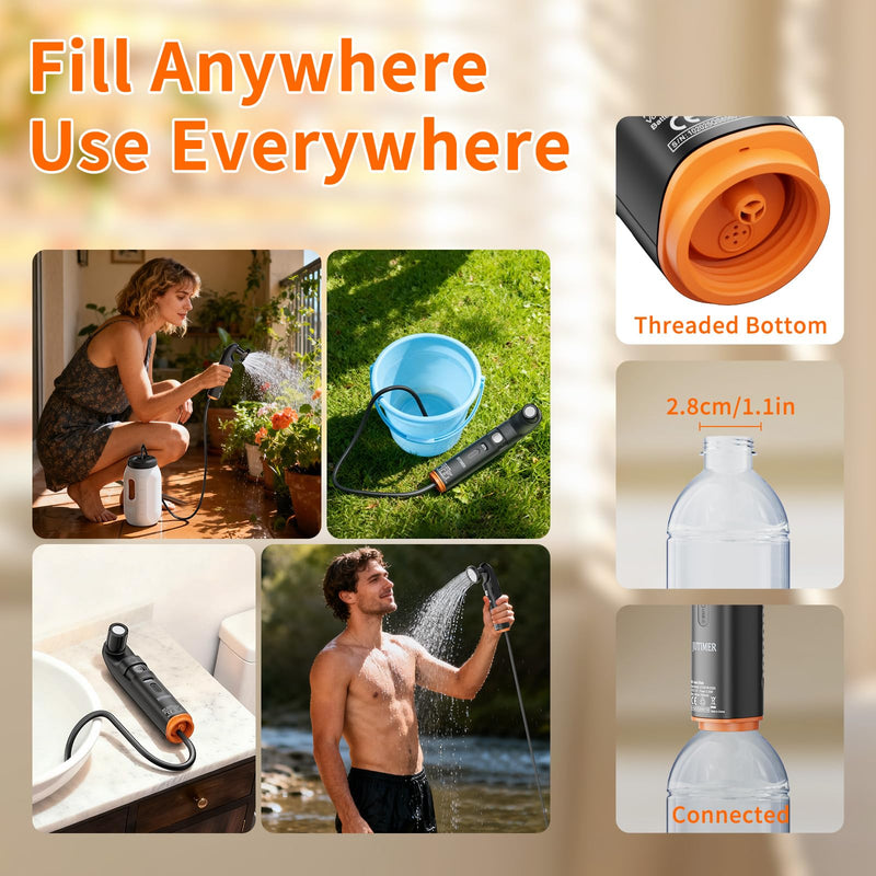 Portable Bidet & Shower for Travel, JUTIMER 2.5L&1600mAh Rechargeable Camping Shower, 2 Showerheads Bidet Sprayer, 2 Modes Waterproof Handheld Bidet, Outdoor Shower Kit for Hiking, Travel Black
