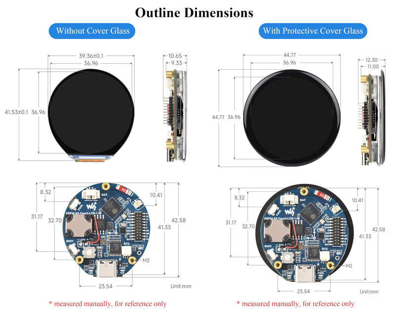 ESP32-S3 1.46inch Round Touch Display Development Board, 412x412 IPS LCD, Onboard Speaker and Microphone/Audio Input and Output, Supports Offline Speech Recognition and AI Speech Interaction