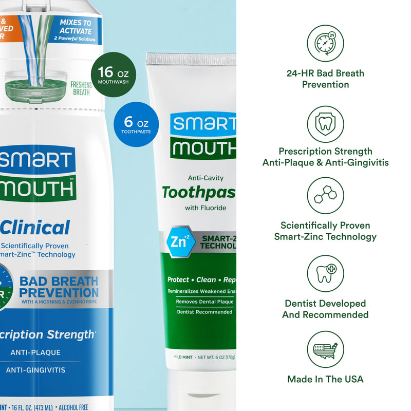 SmartMouth Clinical Zinc Activated Mouthwash & Premium Toothpaste for Healthy Gums - Anti-Plaque, Anti-Gingivitis & Anti-Cavity with Fluoride - All-Day Fresh Breath - Alcohol-Free - 16 fl oz, 6 oz
