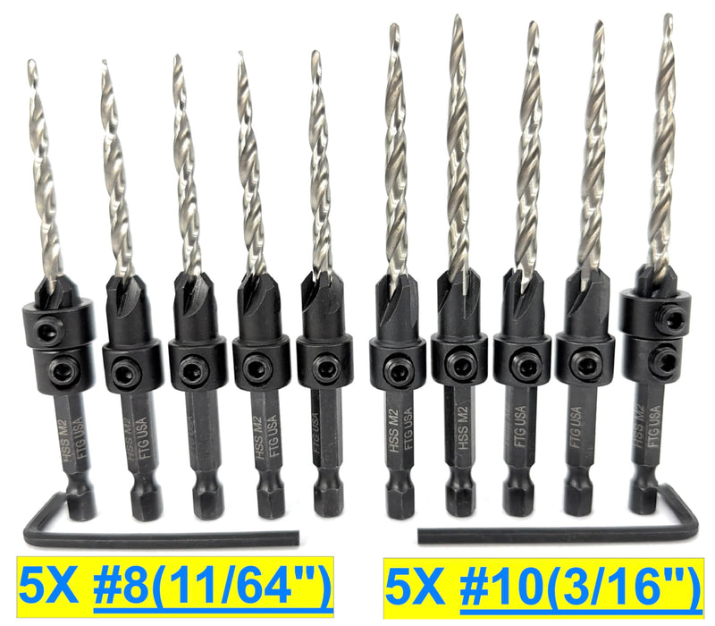 FTG USA 10 Pc #8 & #10 Countersink Drill Bit Set with Tapered Drill Bits | Includes 10 counter sink drill bit for wood, 5 pc #8 & 5 pc #10 sizes, 2 depth stop collar 3/8", 2 Allen key, storage case Same Sort 5 Pc