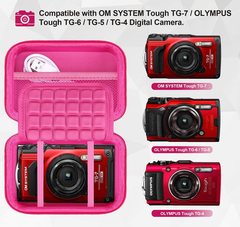 Lacdo Camera Case Compatible with OM SYSTEM Tough TG-7 /OLYMPUS Tough TG-6 /TG-5/TG-4 Digital Camera, Hard EVA Protective Camera Storage Trave Bag, Mesh Pocket Fit Batteries, USB Cable, SD Card, Rose