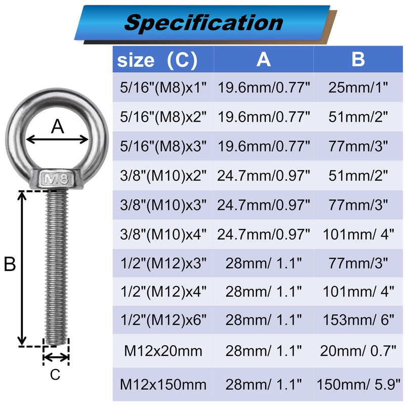8 Pack M8 Eye Bolts with Nuts, 304 Stainless Steel 5/16" x 2" Heavy Duty Lifting Eye Bolts, Metric M8×51mm Ring Eye Bolt for Hanging, Tie Down, Outdoor & Hardware Fixing (8, 5/16"x2") 5/16"x2" 8