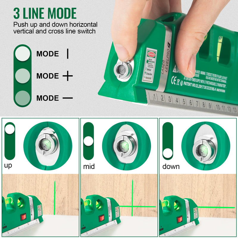 Level Tool Laser Level Leveler tool Cross Line Vertical and Horizontal Line with USB Rechargeable for Picture Hanging cabinets Tile Walls by AikTryee. Green Laser