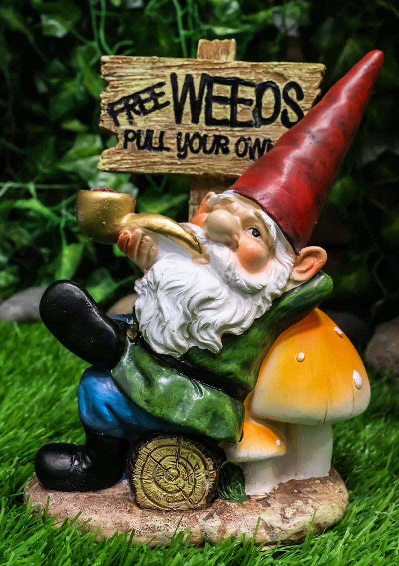 Ebros Gift Whimsical Festive Holiday Novelty Mr Gnome Grandpa Relaxing On Toadstool Mushrooms and Log by 'Free Weeds Pull Your Own' Yard Sign Figurine Travelling Gnomes DIY Fairy Garden Home Decor