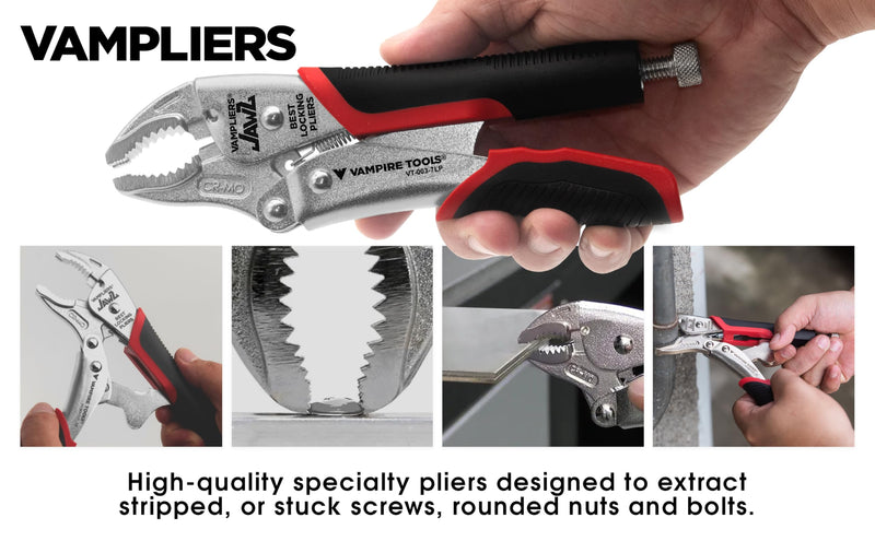 VAMPLIERS 7.5" Vise Grip Heavy Duty Locking Pliers with Screw Extractor Curved Jaws. Professional Grade. Secure Hold, Quick Release. Grip & Remove Stripped/Stuck Screws in seconds.