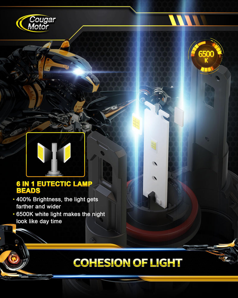 Cougar Motor H11 Bulbs, H11 Light Bulb H8 H9 Fog Lights 6500K White Non-Polarity H11 Fog Bulb Plug and Play - Pack of 2