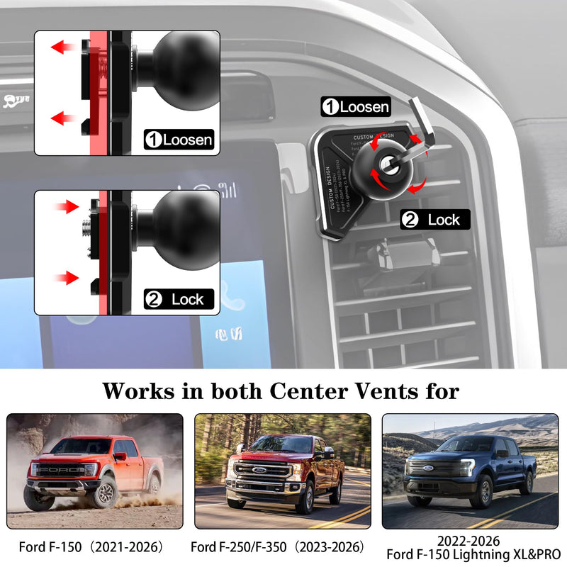 EASEORD Aluminum Vent Phone Mount Compatible with Ford F150 (2021-2026) | 2023-2026 Super Duty, 2022-2026 F150 Lightning XL & PRO|No Shake, No Block Airflow,360 Rotation for iPhone,Android&All Phones