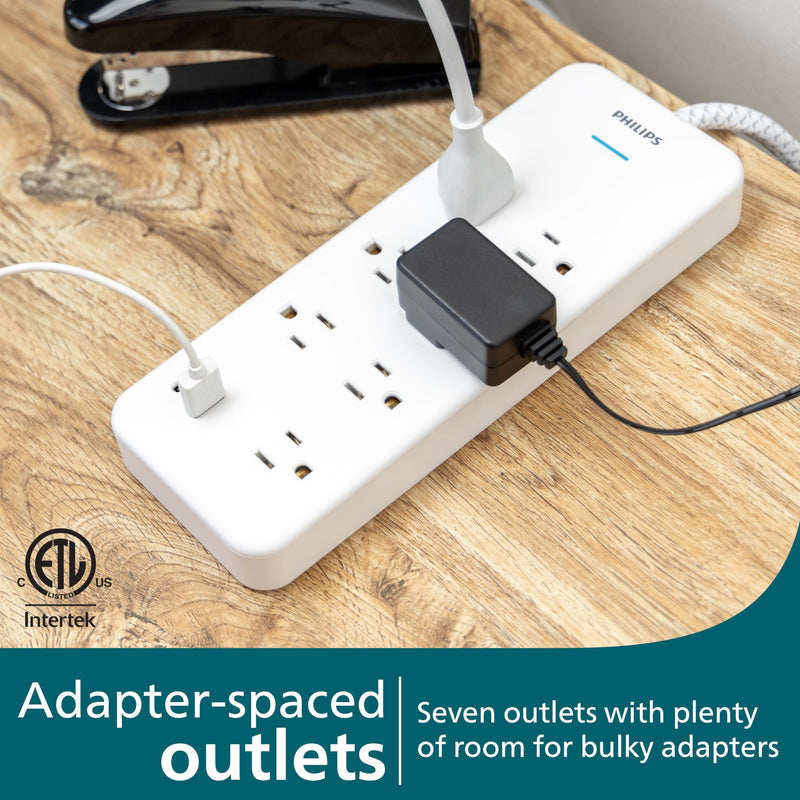 Philips 7-Outlet Surge Protector with USB Charging, 6ft Braided Extension Cord, 1USB-A, 1USB-C, 1500J, Adapter Spaced, Outlet Extender Power Strip, White - SPP3983W/37 7 Outlet | USB | 6 Ft | White