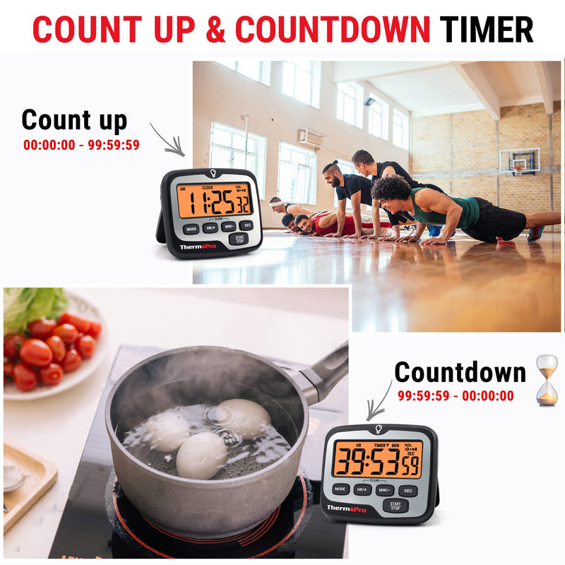 ThermoPro TM01(2 Pack) Kitchen Timers for Cooking with Count Up Countdown Timer, Digital Timer for Kids with Touch Backlit, Study Timers for Classroom Teacher Supplies Silver 2 pack