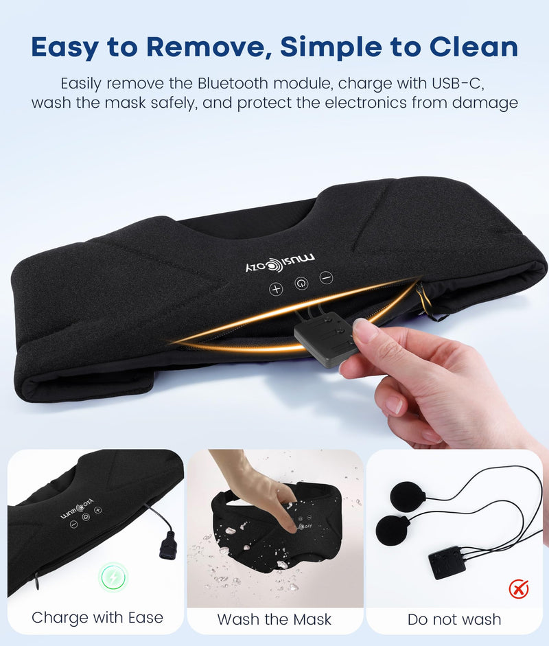 MUSICOZY Bluetooth Sleep Mask Headphones with HD Speakers for Side Sleepers | Ultra-soft Bluetooth 5.4 Wireless Over-Ear Washable with HD Stereo Ideal for Travel Meditation Relaxation Gifts for Men Women Midnight Black