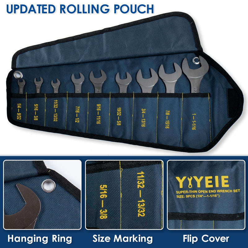 9Pc. Super Thin Wrench Set, SAE 1/4" to 1-1/16", Nickel Plating, CR-V Steel, Ultra-Slim Open End Wrench Set with Rolling Pouch SAE 9PCS Black Nickel Plating