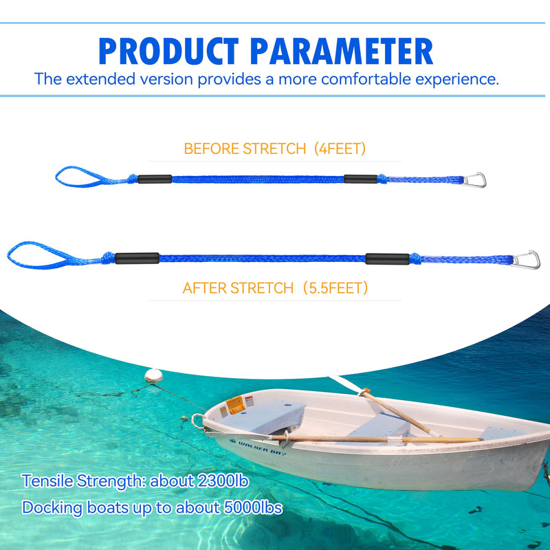 Boat Bungee Dock Lines 4 ft - Single Hook Dock Rope with 2 Loops, 2 Pack (Blue) blue