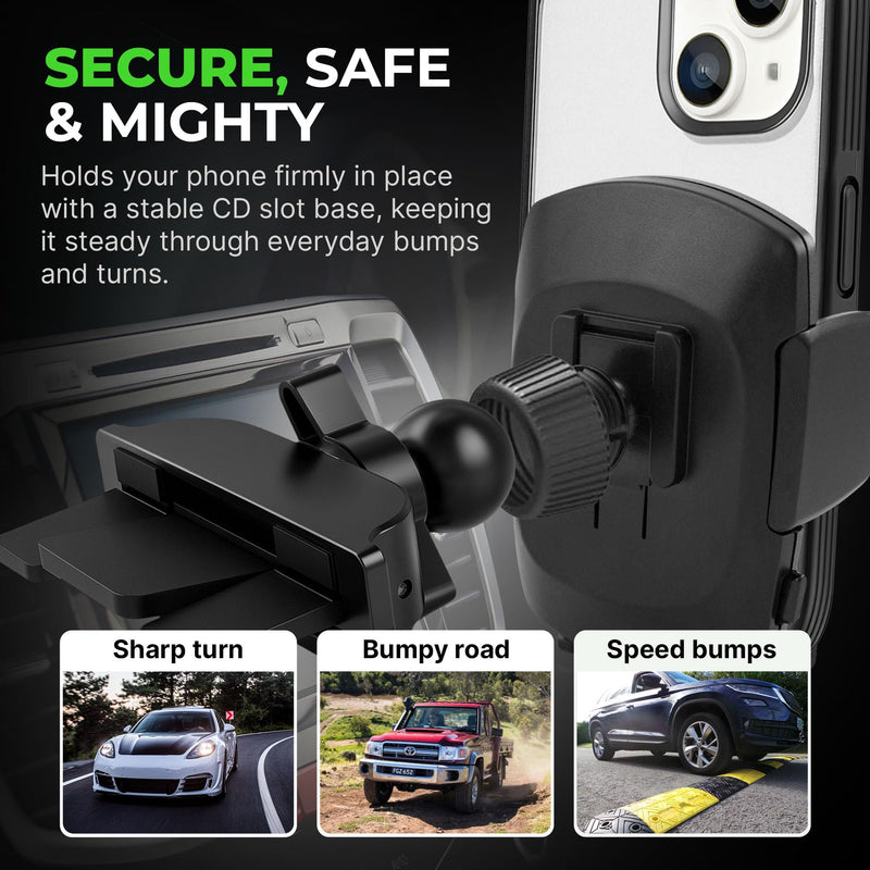 Simple CD Cradle Phone Mount - Upgraded Hands-Free Car Phone Holder - Thick Case Friendly - Mount for CD Player - Compatible with iPhone 12-17 & iPhone Air, Android - Black CD Cradle Mount