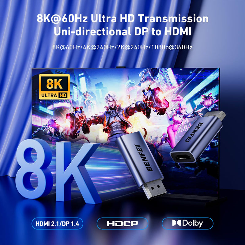 BENFEI DisplayPort 1.4 to HDMI 2.1 Adapter 8K@60Hz/4K@240Hz/1080P@480Hz, Unidirectional DP Computer to HDMI Monitor, High-Spec Aluminum Converter for Gaming Monitor, TV, AMD, NVIDIA