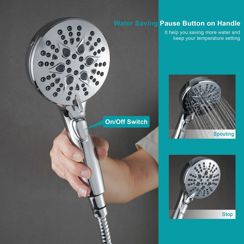 GwernKB Handheld Shower Head with on off Switch&Built-in Power Spray,7-Setting High Pressure Spray Shower Wand with 79in Long Hose&Bracket and Extra Adhesive Shower Holder for Lower Mount,Chrome Silver