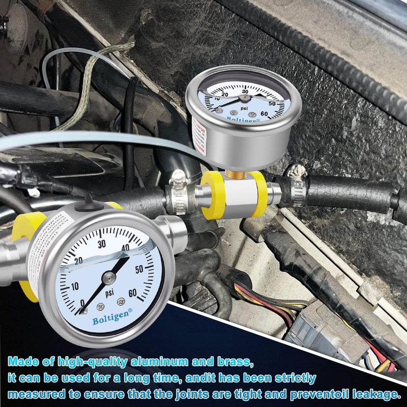 Boltigen Fuel Pressure Gauge, 3/8'' Barb Fuel Pressure Gauge Kit, 0-60psi Glycerin Filled Fuel Pressure Regulator with Gauge for Car, 1/8'' NPT Inline Fuel Pressure Guage with 1/4'' 3/8'' Converter