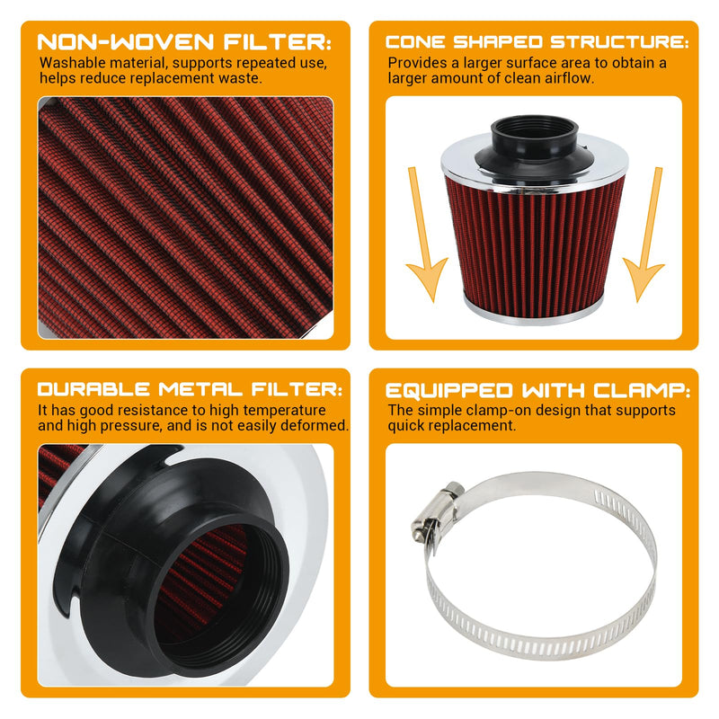 PTNHZ Universal Red 2.5" 63mm High Flow Cold Air Intake Cone Air Filter Power Intake Air Inlet System Air Cleaner 2.5" Red(1PCS)