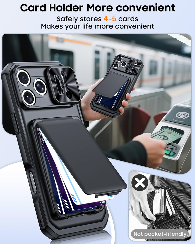 for iPhone 17 Pro Max Case Wallet with RFID Blocking,Built-in Card Holder (4-5 Cards),Slide Camera Cover, Shockproof Rugged Phone Case for iPhone 17 Pro Max (Black) Black