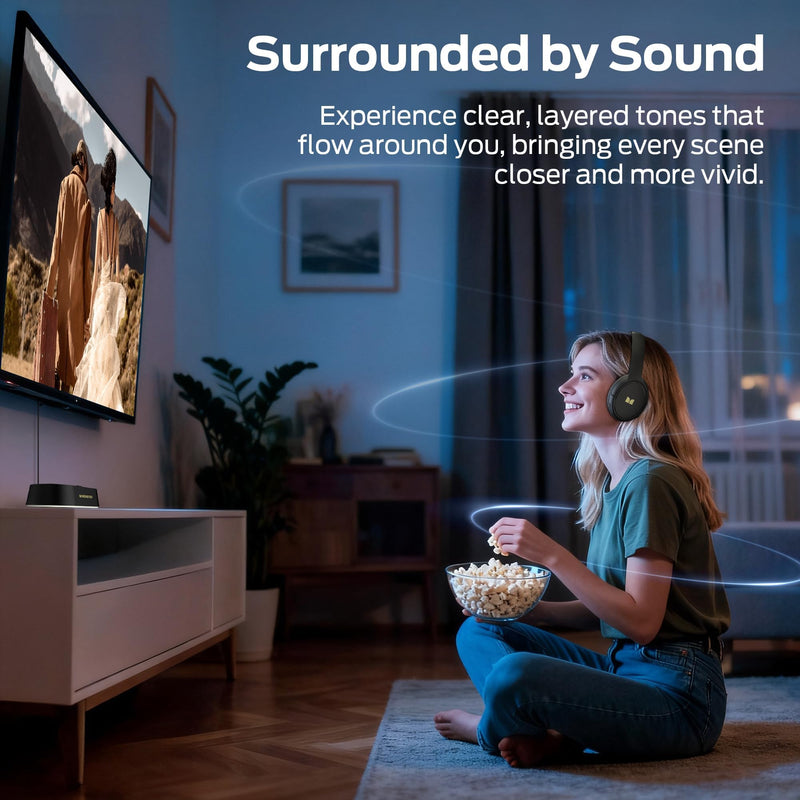 Monster TVlink 300 Wireless TV Headphones Transmitter Base Bluetooth 5.3 | Over Ear Design, 45 Hours Battery Life, Low Latency Under 40ms, Foldable Comfortable Fit, Plug & Play Setup Black