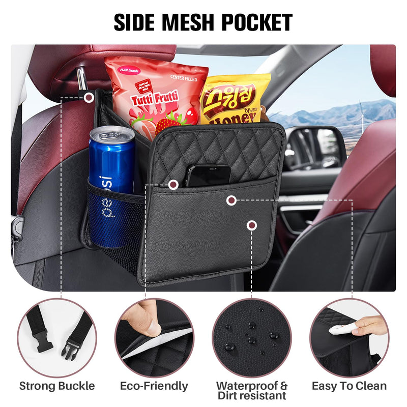 LXUNYI Car Organizer Back Seat, 2 Pack Waterproof Pu Leather Car Seat Storage Bag Large Foldable Universal Hanging Car Seat Back Organizer for Kids & Adults with Cup Holders Car Travel Accessories Black 2Pack Large