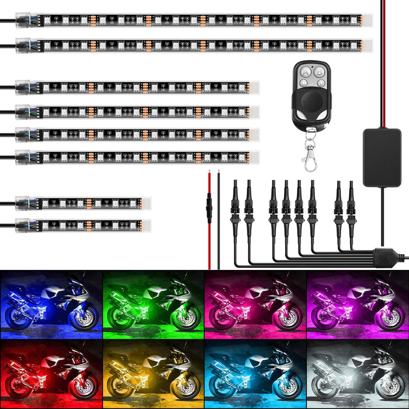 Nilight 8PCS Motorcycle RGB Led Light Kit Waterproof Multi-Color Atmosphere Lights Lamp with 4Key RF Wireless Remote for Harley Davidson Honda Kawasaki Suzuki, 2 Years Warranty (TL-42) 8Pcs RGB LED Strip Lights