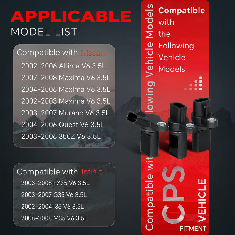 237316J900 23731AL605 2 Pcs Camshaft Position Sensor & 1Pcs Crankshaft Sensor Compatible with Nissan Altima/Maxima/Murano/Quest/350Z Infiniti FX35/G35/I35/M35 Replace 907-716 917-704 917-707