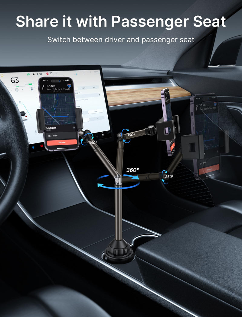 JSAUX Car Cup Holder Phone Mount for Foldable Phones & Mini Tablets | Sturdy Metal Long Arm, Flexible Height and Angle, Adjustable Base, Secure Phone Grip, Fits 2.17-4.33 in Car Cup Holders FlexMount
