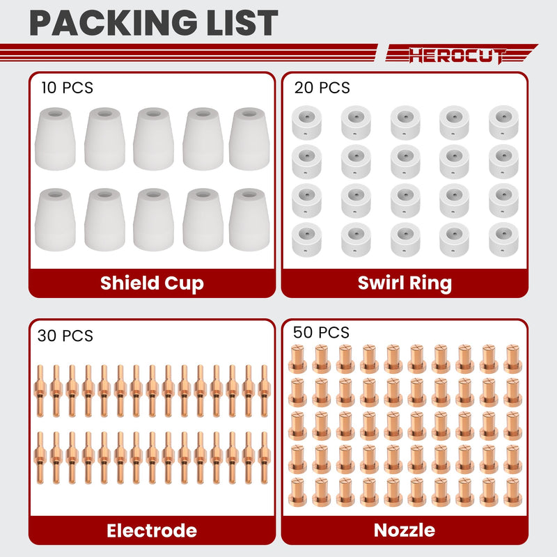 110Pcs PT31 Plasma Cutter Consumables, HEROCUT Plasma Cutter Torch Accessories for CUT35i CUT45 CUT50 Plasma Cutter with PT-31 JG-40 LG-40 Plasma Cutter Torch 110Pcs PT31 Consumables