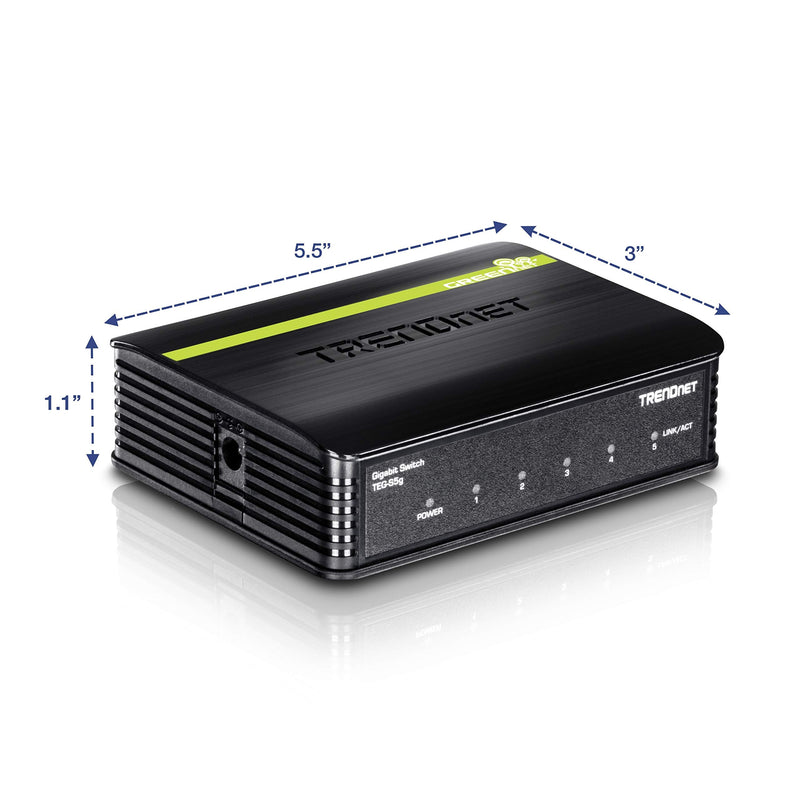 TRENDnet 5-Port Unmanaged Gigabit GREENnet Desktop Plastic Housing Switch, TEG-S5G, Plug & Play, 5 X Gigabit Ethernet Ports, 10Gbps Switching Capacity, Network Ethernet Switch, Fanless