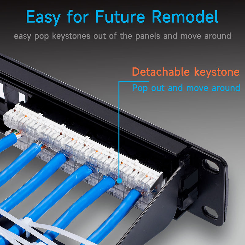 Cat6 Patch Panel 24 Port with Keystone, RJ45 Network Panel 19 Inch, Punch Down Keystone Ethernet Patch Panel with Back Bar Black 24port
