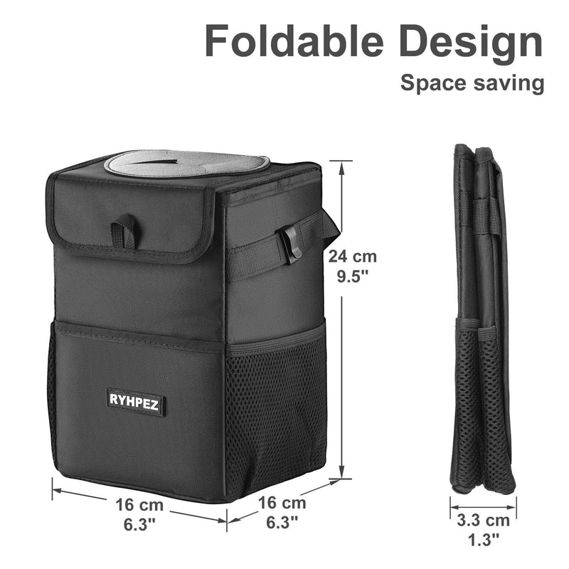 Ryhpez Car Trash Can with Lid - Leakproof Trash Bin Car Garbage Can, Collapsible Automotive Truck Organizer and Storage Bag Car Accessories for Women Men Road Trip Essentials Standard (Black)