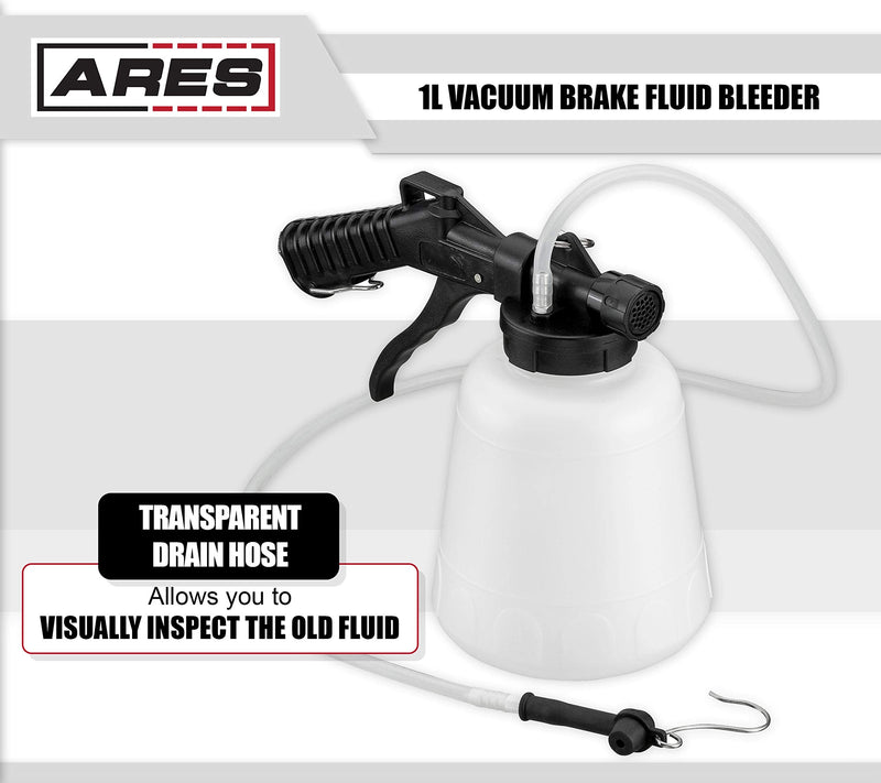 ARES 70923 - Vacuum Brake Fluid Bleeder - 1-Liter Vacuum Fluid Extractor - Hanging Hook and Locking Trigger Allows for Hands Free Operation 1-Liter Vacuum Brake Fluid Bleeder