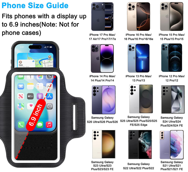 Running Armband Phone Holder with Card Slot for Gym Workout 2 Pack | Fit iPhone 11-17 Pro Max Galaxy S20-S26 Plus/Ultra, Water Resistant, Touch Screen, Reflective Strips, Anti-slip Silicone Dots Black