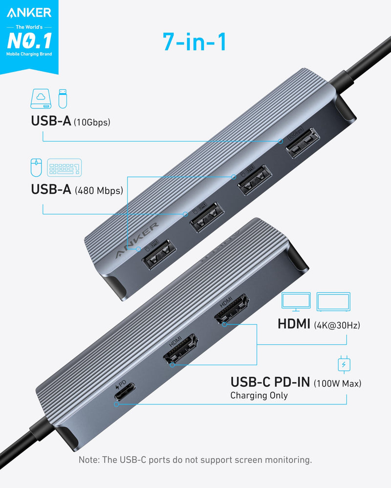Anker 7-in-1 USB-C Hub, Dual Monitor USB C Docking Station, Dual HDMI Display, 85W Max Output, 10Gbps Data Transfers for Dell XPS, ThinkPad T14 Gen2 and More | 85W Max PD, 1 USB-A 10Gbps and 3 USB 2.0 Data Ports, Dual 4K HDMI, for Dell XPS, ThinkPad T1...
